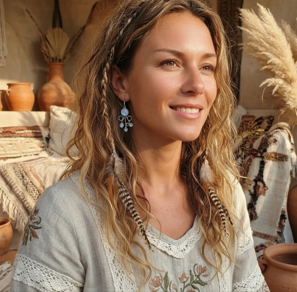 925 Sterling Silver Moonstone Dangle Earrings Artisan Boho Swirl Drop Gift 2.2" - Picture 8 of 14